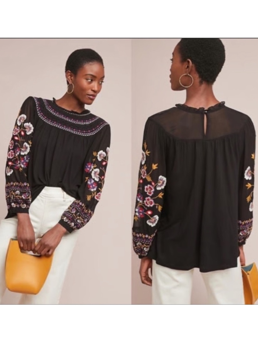 Akemi + Kin Louise Black Floral Embroidery Sheer Long Sleeve Boho Peasant Top - Picture 2 of 16